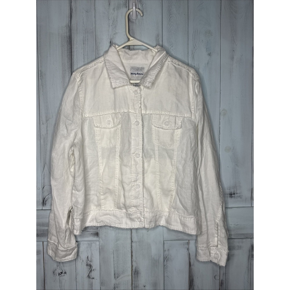 WOMENS TOMMY BAHAMA TWO PALMS 100% LINEN RAW EDGE BUTTON UP JACKET WHITE XL